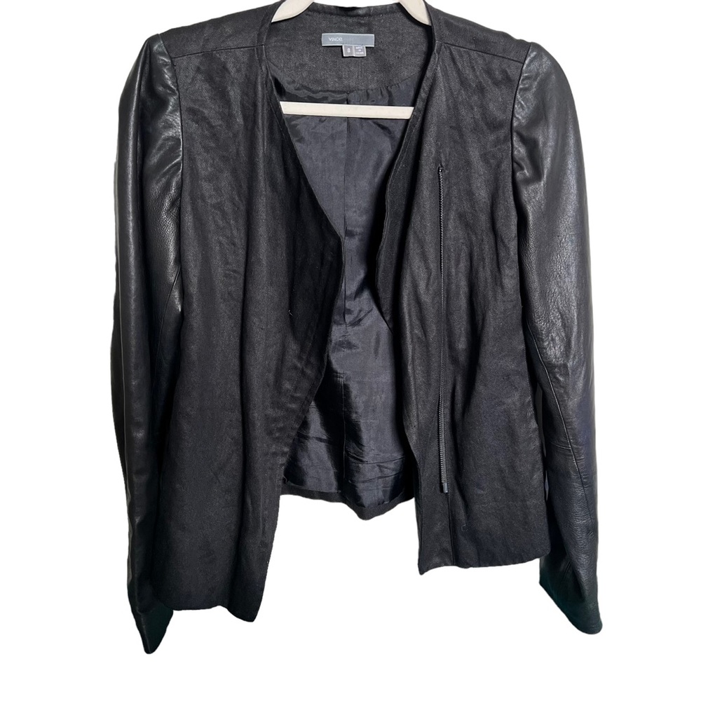 Vince Zippered Jacket with Leather Sleeves- Size 8 Black